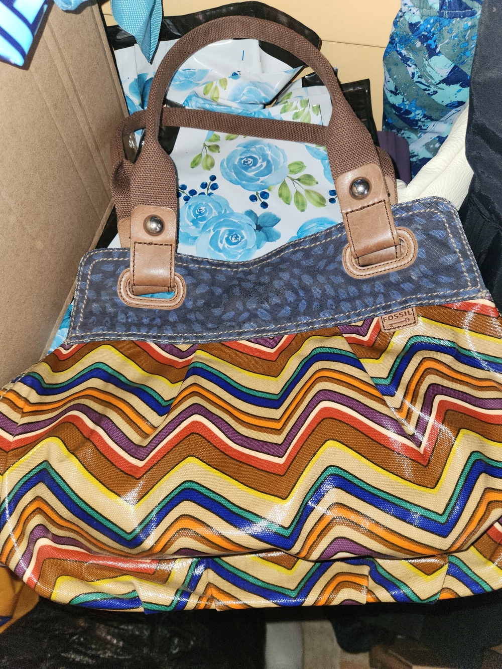 Fossil Multicolor Chevron Tote Bag - Brown/Blue Accents